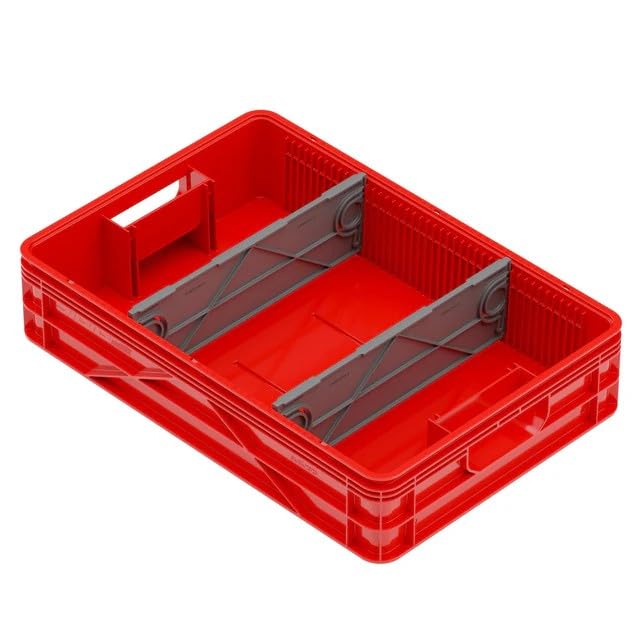 Quarter Crate 4-Pack Stackable Storage Bins, Red | Polypropylene, 14 dividers included, 19.16x12.75x4.57 in, over 1000 lb stack, lids sold separately - color: Red