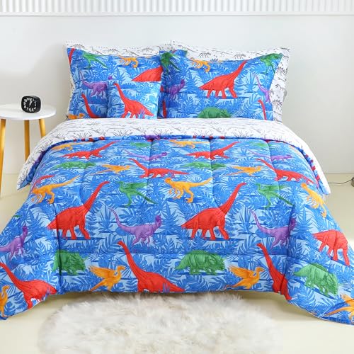 Kids Twin Comforter Sets for Boys 6 Pieces Blue Bedding Set for Teens Microfiber Dinosaur Kids Bed in A Bag with Comforter, Sheet Set, Shams and Decorative Toy Pillow All Season - color: Blue Dinosaur, size: Twin