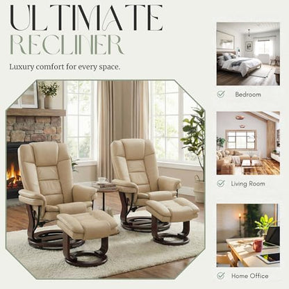 Swivel Recliner Chair with Ottoman Reclining Lounge Sofa Footrest, Set of 1 | 360°Sturdy Wood Base, Soft Faux Leather, Upholstered Ultra-Plush Foam, Modern Armchair, Living Room Bedroom Office Reading - color: Beige, size: Set of 1