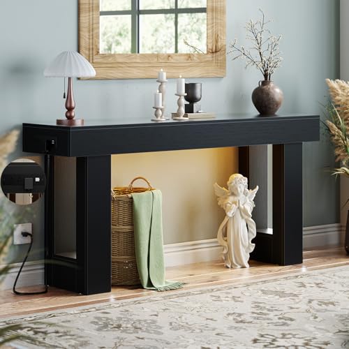 Unikito 63'' Farmhouse Entry Table with Outlets and Sensor Light | Wooden Foyer Table with Storage, Narrow Sofa Table Behind the Couch, Versatile Console Tables for Entryway/Living Room, Black - color: Black, size: 63IN