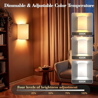 Battery Operated Wall Sconce Set of Two: 10000mAh Wireless Wall Light with Rechargeable Magnetic Bulb - Dimmable Wall Lamp with 7 RGB Colors - Linen Shade Sconces with Remote for Bedroom Living Room | Wireless Wall Light with Magnetic Bulb - Dimmable 7 RG