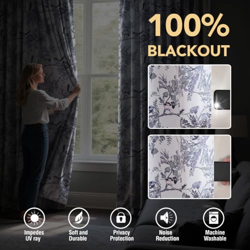 H.VERSAILTEX 꽃무늬 100% 암막 커튼 길이 243.8cm(96인치) 패널 2개 패턴 프린트 빈티지 커튼 그로밋 단열 커튼 드레이프 거실 침실 창문 트리트먼트, 세이지/블랙 - color: 세이지/블랙, size: 52"W x 96"L (Pack of 2)