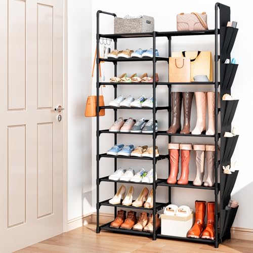 9 Tier Shoe Rack Organizer with Hook and Side Pocket, Holds 25-35 Pairs | Entryway Heavy Duty Shoe Rack, Tall Shoe Boot Storage, Metal Shelf for Storing Handbags, Boxes, Books, Umbrella, Keys, Hats - size: M 9-Tier
