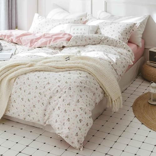 Pink and White Duvet Cover Queen Size - 3 Pcs Floral Flower Leaf Pattern Printed Reversible Microfiber Comforter Cover Bedding Set - 90X90 Soft Aesthetic Cottage Preppy Bedroom Decor for Women Men - color: Pink White Floral (Only Cover), size: Queen