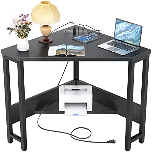 Corner Desk Small Desk with Outlets Corner Table for Small Space, Computer Desk with USB Ports Triangle Desk with Storage for Home Office, Workstation, Living Room, Bedroom, Black - color: Black