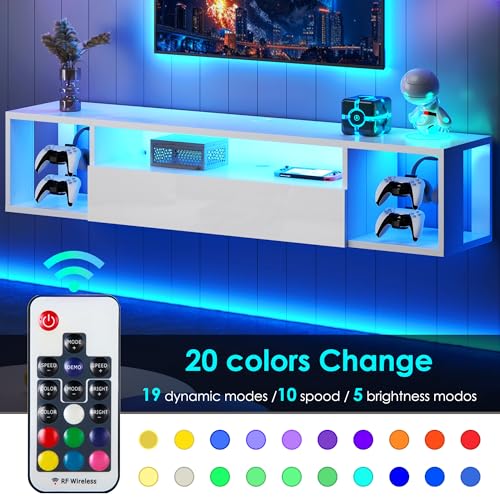 sogesfurniture 55'' Floating TV Stand Wall Mounted with Lights, Floating Entertainment Center with Lights, Modern Media Console with Storage, Wall Mounted LED TV Stand for Living Room - size: 55''-White