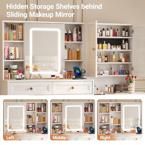 Vabches 58.6" Large Vanity Desk with Sliding Mirror & Lights, White | Makeup Vanity Table & Nightstand Combo with Power Outlet and 6 Drawers 15 Shelves with Light Strips for Bedroom