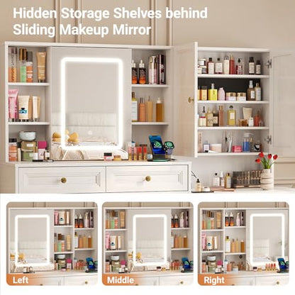 Vabches 58.6" Large Vanity Desk with Sliding Mirror & Lights, White | Makeup Vanity Table & Nightstand Combo with Power Outlet and 6 Drawers 15 Shelves with Light Strips for Bedroom