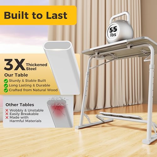 Upgraded Folding TV Tray Table, Sturdy Couch & Dinner Laptop Table | Adjustable Height & Angle Portable Desk for Eating, Work & Recliner; Includes Footrest, Cup Holder, iPad Holder, Edge Stopper - color: (White) - Bright Wood