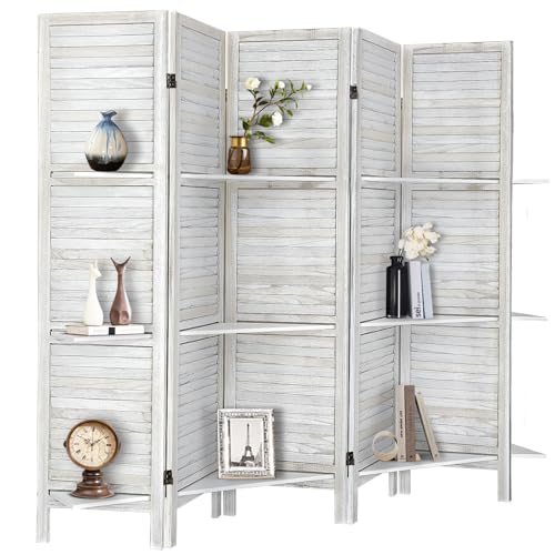 RHF Panel 5.6 Ft Tall Partition Wood Room Divider, Wood Folding Room Divider Screens, Panel Divider&Room Dividers, Room Dividers and Folding Privacy Screens with Shelves (Coconut, 5 Panel) - color: Coconut, style: 5 Panel