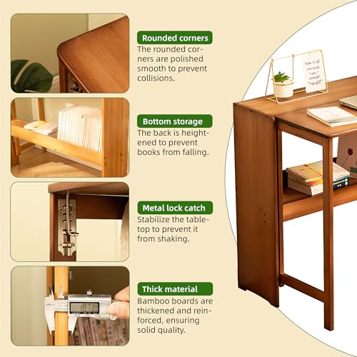HRVEOCEI Bamboo Fold Out Desk with Storage, Mid Century Hideaway Desk for Small Spaces, Folding Computer Desk for Home Office Bedroom Apartment, Space Saving (Light Walnut) - color: Light Walnut