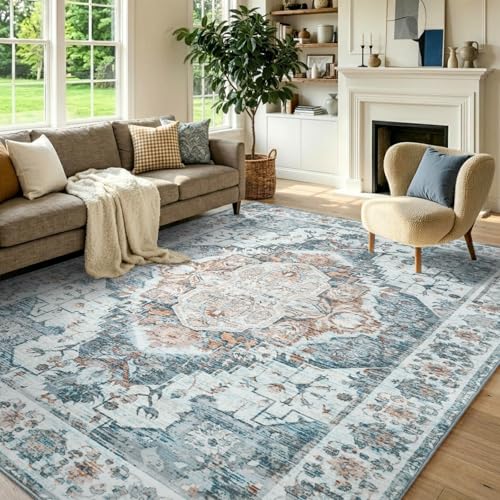 Area Rugs 5x8 Washable Vintage Rug for Bedroom Living Room Decor Light Blue | Soft Low-Pile Stain Resistant Carpet With Non Slip Backing for Indoor Entryway Nursery Dining Room,Thin,Foldable,Home Decor - color: 24f04-light Blue, size: 5' x 8' (Rectangular