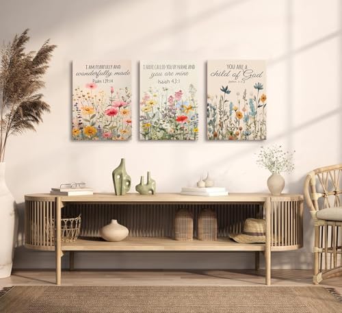 3Pcs Christian Floral Scripture Canvas Wall Art, Wildflower Bible Verse Posters Wall Decor, Psalm Religious Faith Art Pictures Prints for Living Room Bedroom Decorations 16x24in Framed - color: Flower canvas, size: 24L"x16W"