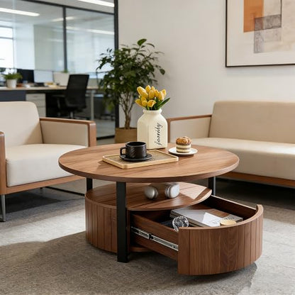 33.07" Round Coffee Table with Storage, 2 Tier Modern Wood Center Table with Drawer, 2 Tiers and 1 Drawer, Accent Table for Living Room, Apartment, Small Space.(Walnut) - color: Walnut-a