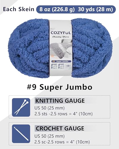 Cozyful Chunky Yarn for Hand Knitting, #9 Thick Jumbo Big Chunky Yarn for Crocheting, Super Chunky Knit Blanket Yarns, Large Chunky Chenille Yarns, 8 Pack (30 yds 8 oz Each Skein), Country Blue - color: Country Blue