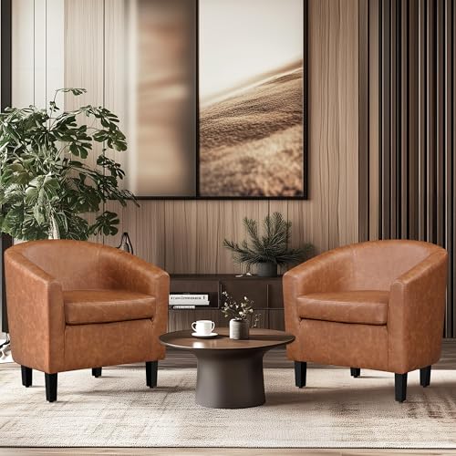 Yaheetech Accent Chairs Set of 2, Faux Leather Barrel Armchairs Brown | Water-resistant Faux Leather Chairs with High-density Foam and Solid Wood Legs for Living Room, Waiting Room, Small Space - color: Brown(faux Leather), style: without Ottoman