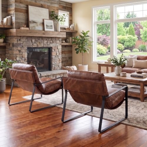 1-Pack Brown PU Leather Accent Chair, Modern Living Room Chair | Comfy Armchairs, Upholstered Lounge Armchair, Removable Seat Cushion, Black Metal Frame, For Reading Room, Bedroom, Balcony - color: Brown-black Legs, size: 1PC
