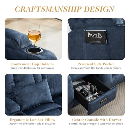 Loveseat Recliner Sofa,RV Wall Hugger Recliners with Flip-up Console,Reclining Loveseat Sofa Recliner with Cup Holders/Lumbar Pillows for Small Spaces,RV Furniture (Blue,68" 2-Seater) - color: Blue, size: 68" 2-Seater