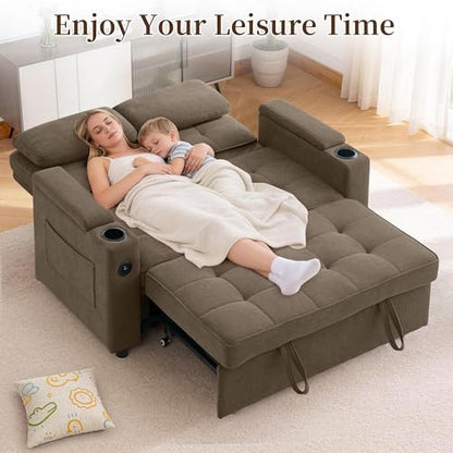 Korser 55.5'' 3-in-1 Convertible Sofa Bed, Pull Out Couch with 5-Position Adjustable Backrest, Loveseat Sleeper Sofa for Small Spaces, Sofa Couch with Cup Holders for Living Room, Office, Chenille - color: Brown