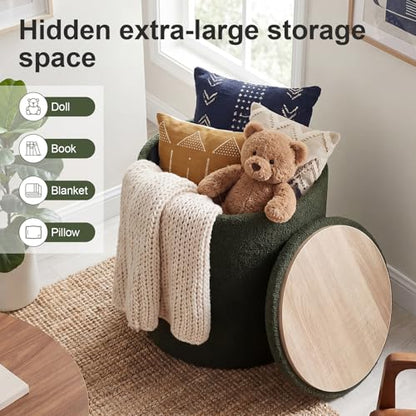 14.5" Small Ottoman with Storage, Teddy Velvet Foot Rest Stool with Reversible Wood Tray Lid, Round Storage Ottoman Coffee Table, Vanity Stool for Living Room, Olive Green - color: Olive Green