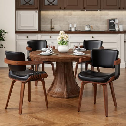 Dining Chairs with Armrest, Set of 2, Mid-Century Modern Kitchen Chair | with Wood Legs, Upholstered PU Leather for Dining Room, Kitchen, Restaurant, Cafe, Black - color: Black