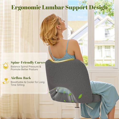 DurayLoly Vanity Chair with Open-Back & Wheels,Armless,Grey | 360° Silent Wheels,Comfy Teddy Fleece,Height Adjustable for Make-up Room,Bedroom,Dorm,Grey - color: Grey