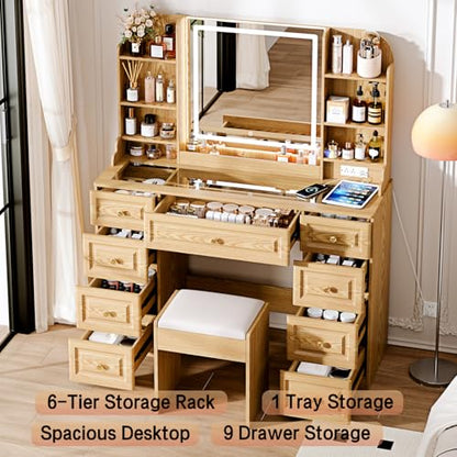 Arulvmrn 43" Makeup Vanity Desk with Mirror and Lights, & Power Outl, Glass Top Big Vanity Table with 9 Drawers& 8 Storage Shelves, Dressing Table Set with Chair for Bedroom, Wood - color: Wood
