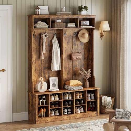Hall Tree with Bench and Shoe Storage, 53" Farmhouse 4-in-1 Mudroom Storage Organizer with Coat Rack, 6 Hooks, 12 Shoe Cubbies, Adjustable Shelf, for Entryway, Hallway, Living Room, Brown - color: Brown