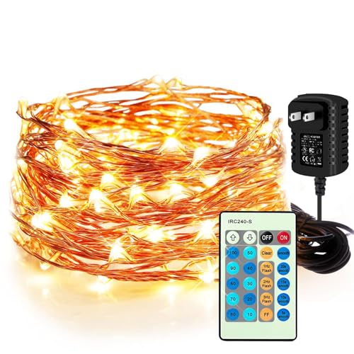 Waterproof Fairy String Lights Plug in with 24 Keys Remote, 33ft 100LEDs Warm White Dimmable Starry Copper Wire Light for Indoor & Outdoor Wedding Birthday Valentines Day Decor - color: 33FT Warm White with Remote