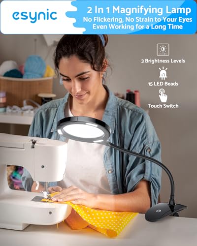 eSynic Desk Table Magnifying Glass with 15 LED Lights-800mAh Rechargeable | 5X & 10X Acrylic Lens-15 LEDs-3-Level Dimmable-Flexible Gooseneck-Clamp & Base Stand – for Reading/Soldering/Crafts/Elderly