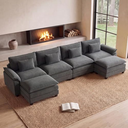154" Modular Sectional Sofa, Comfy Deep Cloud Couch with Ottoman | U-Shaped Couches for Living Room, Modular Couch, Deep and Wide Seat, Velvet Sofa Sleeper with Throw Pillows, Blue Grey - color: Blue Gray, size: 154 Inch U