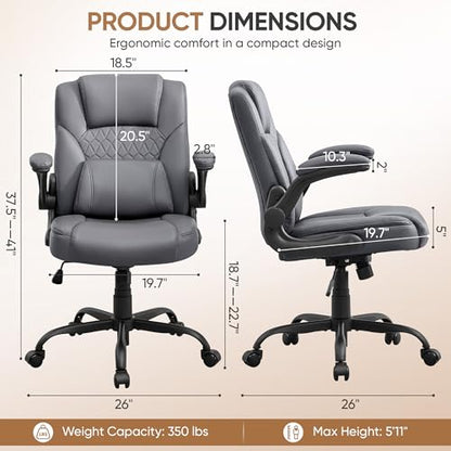 Home Leather Office Chair with Lumbar Support, 5" Padded Seat, Small Rocking Desk Chair, Comfy Computer Chairs with Rolling Wheels & Adjustable Arms for Adults, Grey - color: Grey