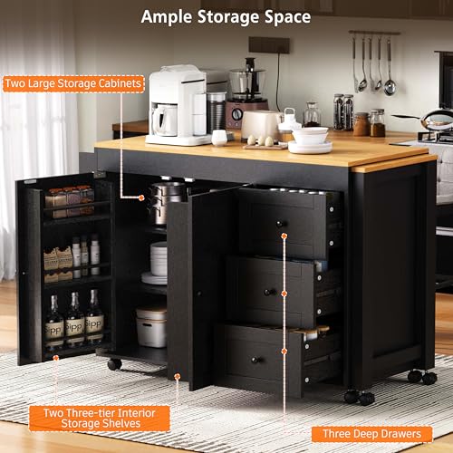 Kitchen Island, Extendable Dining Table with Power Outlet | Extendable dining table expands from prep station to dining table, seats up to 2 extra guests, saves space when closed - color: Black3