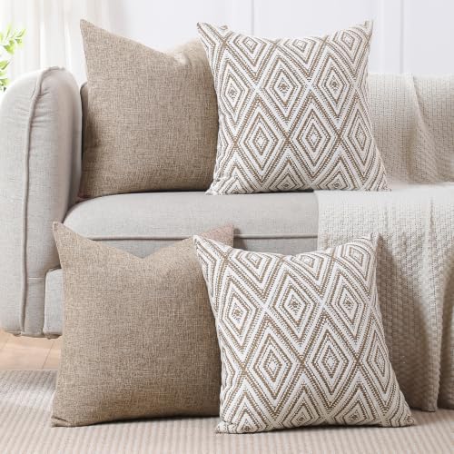 HPUK Throw Pillow Covers 18x18, Set of 4, Light Brown Couch Pillow Covers | Polyester fabric, patterned and solid designs, hidden zippers, machine washable, for sofas and beds, inserts not included - color: Light Brown, size: 18" x 18" (Pack of 4)