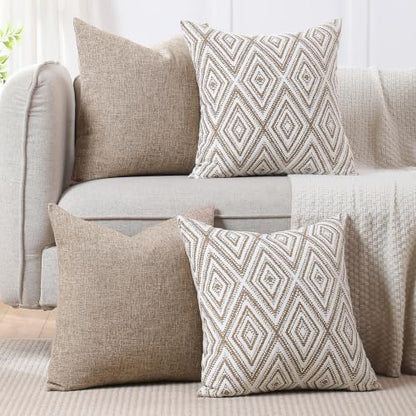 HPUK Throw Pillow Covers 18x18, Set of 4, Light Brown Couch Pillow Covers | Polyester fabric, patterned and solid designs, hidden zippers, machine washable, for sofas and beds, inserts not included - color: Light Brown, size: 18" x 18" (Pack of 4)