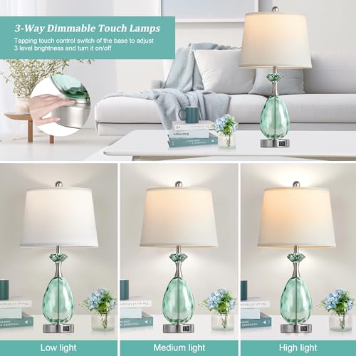 Hamucd Coastal Glass Table Lamps Set of 2, 3-Way Dimmable Touch Control Nautical Lamp with USB A+C Ports,Bedside Lamps Beach Decor, Modern Nightstand Lamps with 2 LED Bulbs for Bedroom Living Room - color: Pale green