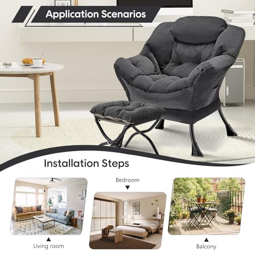 Lazy Chair with Folding Ottoman Modern Large Accent Chair,Contemporary Lounge Leisure Sofa Chair with Armrests Upholstered Sofa Armchair Reading Chair for Bedroom,Dorm & Office (Dark Grey-f) - color: Dark Grey