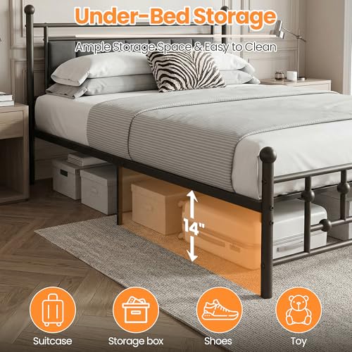 Velvet Upholstered Queen Bed Frame with Headboard | 14-inch Underbed Storage, 13 Metal Slats, 9 Support Legs, Noise-dampening Strips, No Box Spring Needed - size: Queen