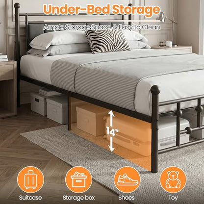 Velvet Upholstered Queen Bed Frame with Headboard | 14-inch Underbed Storage, 13 Metal Slats, 9 Support Legs, Noise-dampening Strips, No Box Spring Needed - size: Queen
