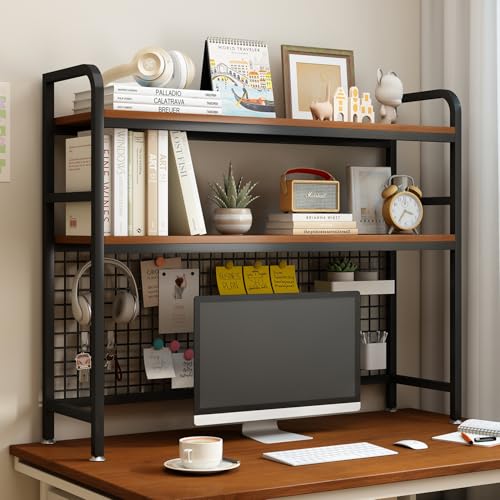 IOTXY 2-Tier Desktop Hutch Bookshelf, Metal Desk Shelf, Black, 45.3" W | Steel Frame, 2 MDF Shelves, Grid Panel with 5 Hooks, Fits Over Monitors Up to 27" for Dorm Desks and Home Offices - color: Black, size: 45.3"W