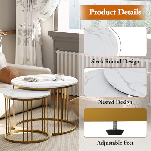 Coffee Table Faux Marble Nesting Table for Small Place 2 Sets Modern Furniture Living Room Sets End Side Table Night Stand for Bed Room Dining Room (White & Gold) - color: Gold
