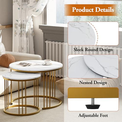 Coffee Table Faux Marble Nesting Table for Small Place 2 Sets Modern Furniture Living Room Sets End Side Table Night Stand for Bed Room Dining Room (White & Gold) - color: Gold