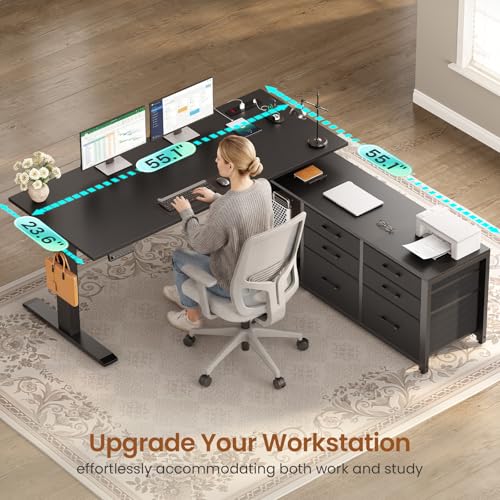 SEDETA L Shaped Electric Standing Desk with 6 Fabric Drawers, 55" x 55" Height Adjustable Office Executive Desk with Storage Shelves, Stand up Computer Desk with Power Outlet (Black) - color: Black
