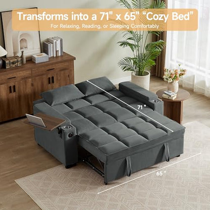 65" 3-in-1 Sofa Bed, Pull Out Sleeper Sofa with 360° Swivel Side Table, Storage Armrests, Cup Holders & USB Charging Ports, Chenille Convertible Couch for Living Room - color: 1007-dark Gray-