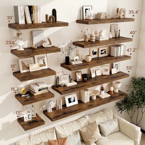 Vivelove Deep Floating Shelves 40x12” Set of 2, Rustic Brown | Easy Install With Hardware, 2" Thick, Invisible Brackets, Wall Mounted, No Sagging, For Any Room - color: Rustic Brown, size: 40”wx12”dx2”h