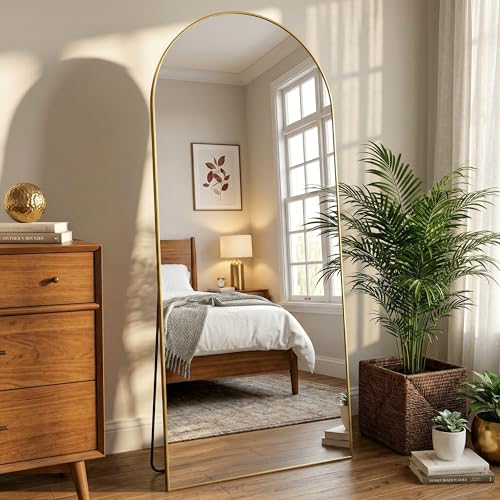 Arched Full Length Mirror 69 x 28 Inch, Full Body Mirror with Stand, Standing Hanging or Leaning Against Wall, Metal Frame Floor Mirror for Bedroom, Living Room, Cloakroom,Gold - color: Gold, size: 69"L x 28"W