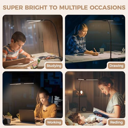 LED Desk Lamp for Home Office, Double Head Desk Light with Clamp | 3 Modes 10 Brightness, Long Flexible Goose-Neck, Eye-Caring, Memory Function, Energy Efficient, USB Adapter, Metal, Black - color: Black Pro