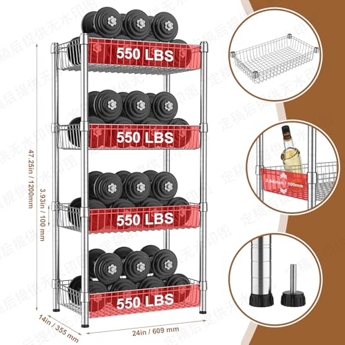 4 Tier Basket Shelf Wire Shelving Unit Adjustable Metal Storage Rack Storage Shelving Standing Shelf Units Heavy Duty Organizer for Pantry Kitchen Bathroom Closet Laundry Utility Room 14"Dx24"Wx47"H
