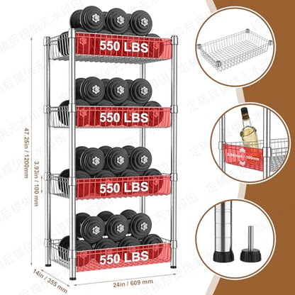 4 Tier Basket Shelf Wire Shelving Unit Adjustable Metal Storage Rack Storage Shelving Standing Shelf Units Heavy Duty Organizer for Pantry Kitchen Bathroom Closet Laundry Utility Room 14"Dx24"Wx47"H