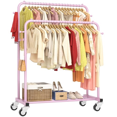 Laiensia Double Rods Garment Rack with Wheels, Clothing Rack for Hanging Clothes,4 Hooks, Multi-Functional Bedroom Clothes Rack, Pink - color: pink